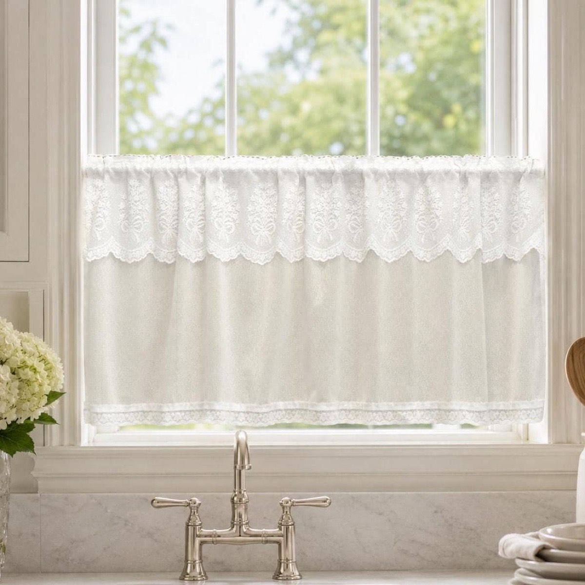 Elegant Japanese Cafe Curtain, Frill Top, Ruffled, White, Sheer Valance 47.2x17.7 in, Cottage Kitchen — view 2