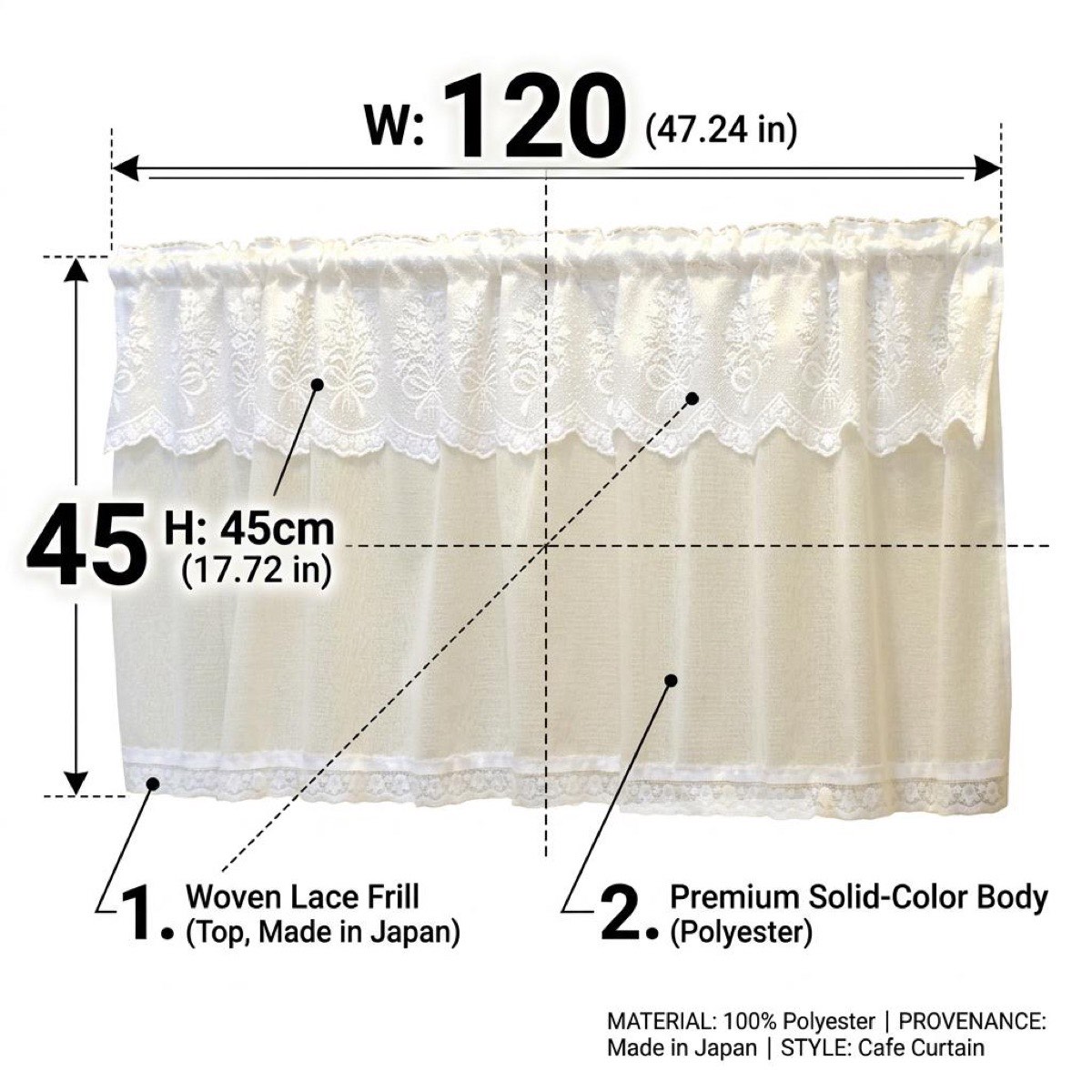 Elegant Japanese Cafe Curtain, Frill Top, Ruffled, White, Sheer Valance 47.2x17.7 in, Cottage Kitchen — view 3