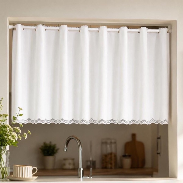 Elegant Japanese Cafe Curtain, Plain White, Sheer, Minimalist, Sheer Valance 59.1x17.7 in, Kitchen