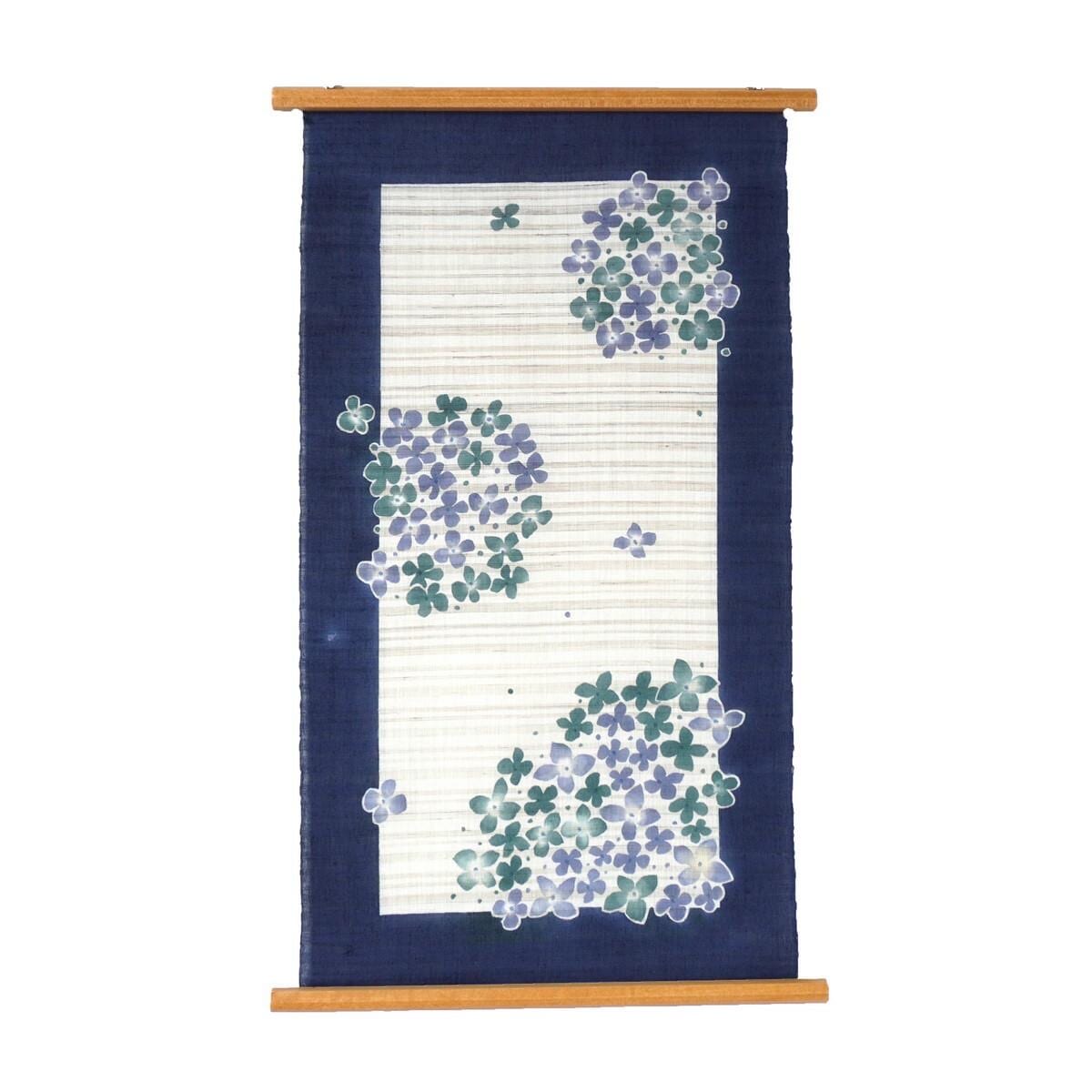 Hand Painted Hydrangea Linen Tapestry, Japanese Wall Art, 17.7 x 33.5 in