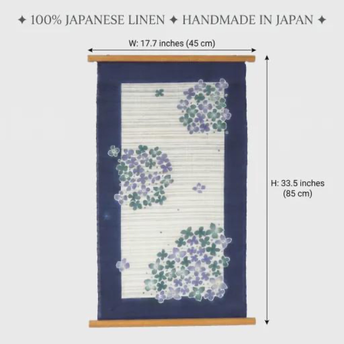 Hand Painted Hydrangea Linen Tapestry, Japanese Wall Art, 17.7 x 33.5 in — view 2