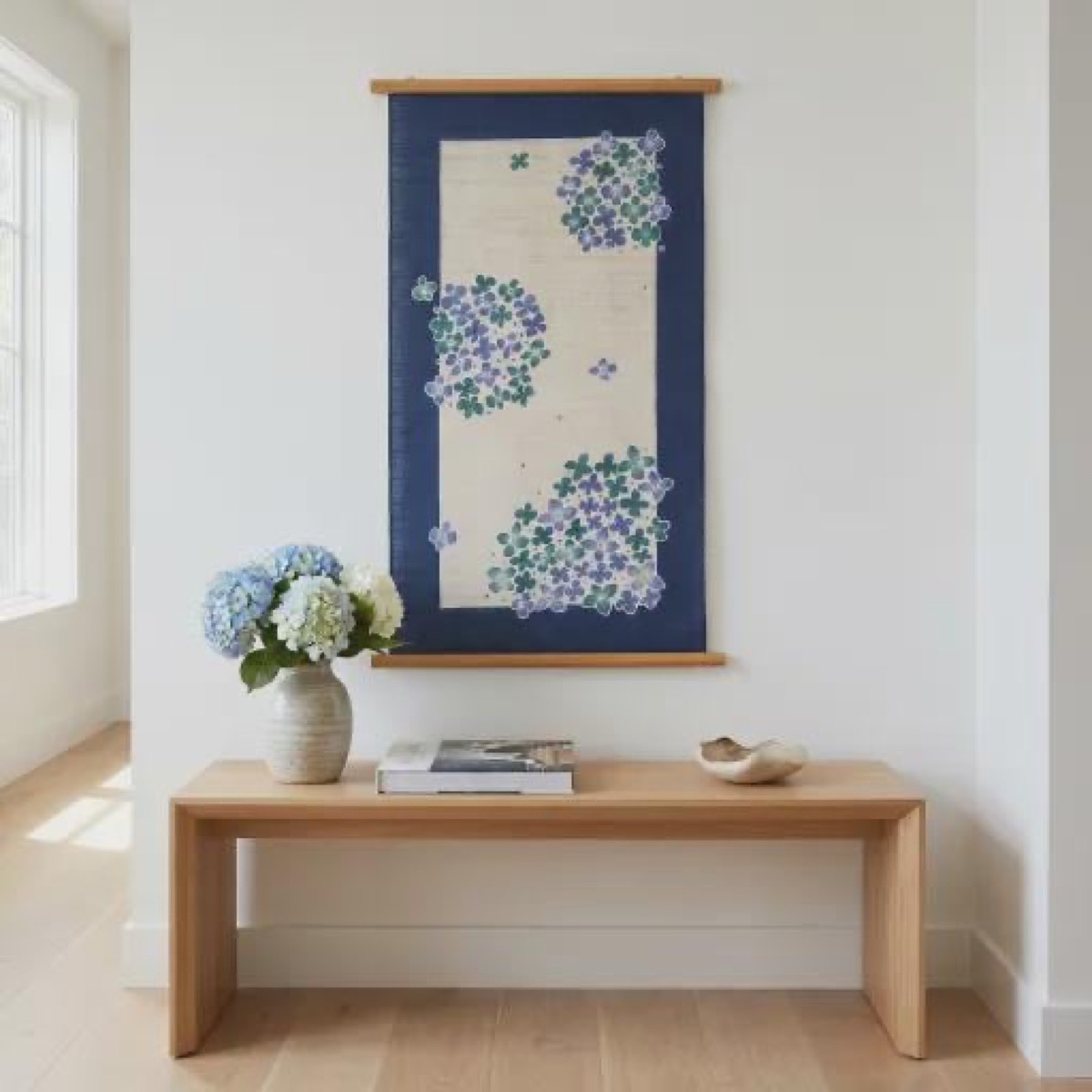 Hand Painted Hydrangea Linen Tapestry, Japanese Wall Art, 17.7 x 33.5 in — view 7