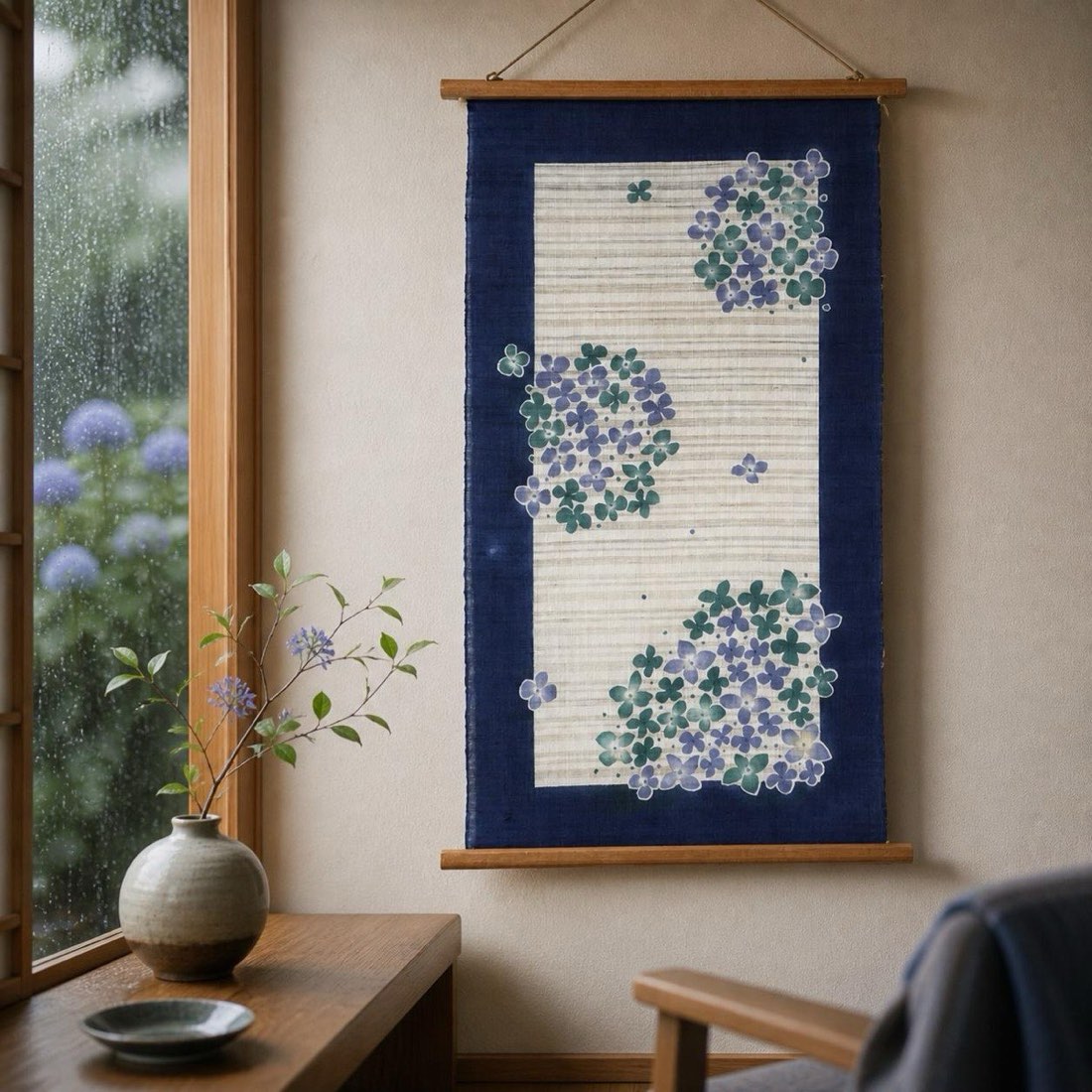 Hand Painted Hydrangea Linen Tapestry, Japanese Wall Art, 17.7 x 33.5 in — view 9