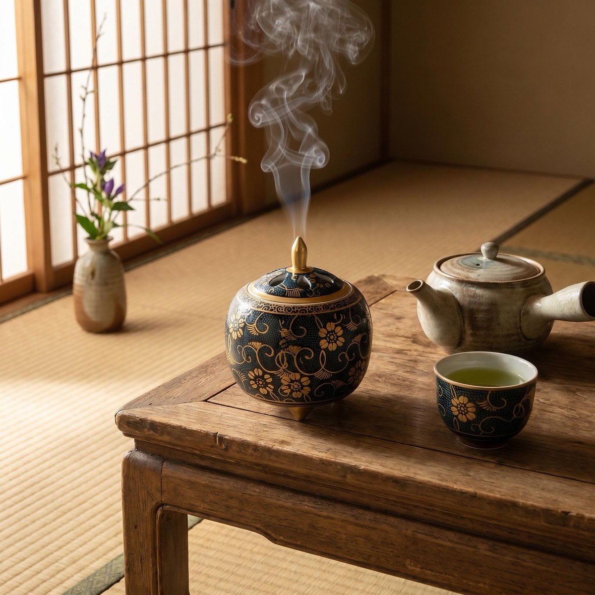 Japanese Incense Burner, Kutani Ware Blue Dot Clematis Porcelain Koro, Incense Holder — view 10