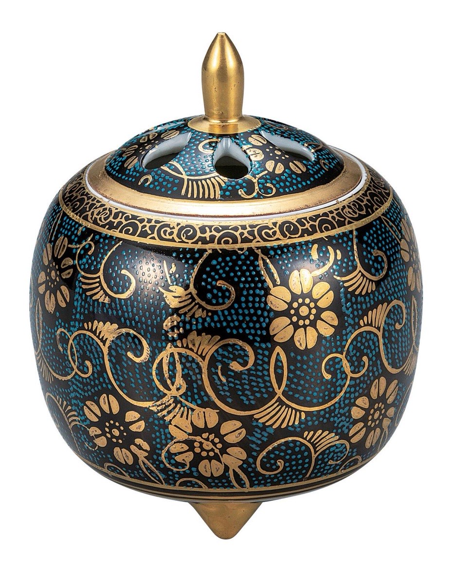 Japanese Incense Burner, Kutani Ware Blue Dot Clematis Porcelain Koro, Incense Holder — view 7