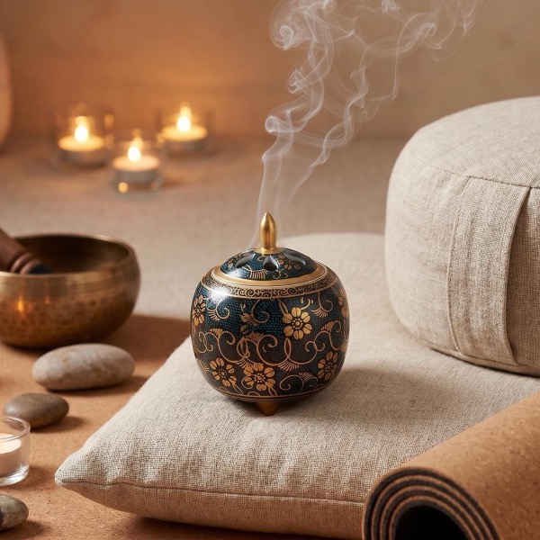 Japanese Incense Burner, Kutani Ware Blue Dot Clematis Porcelain Koro, Incense Holder