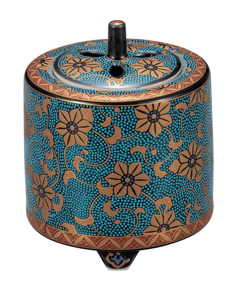 Japanese Incense Burner, Kutani Ware Blue Dot Gold Clematis Koro, Incense Holder — view 7