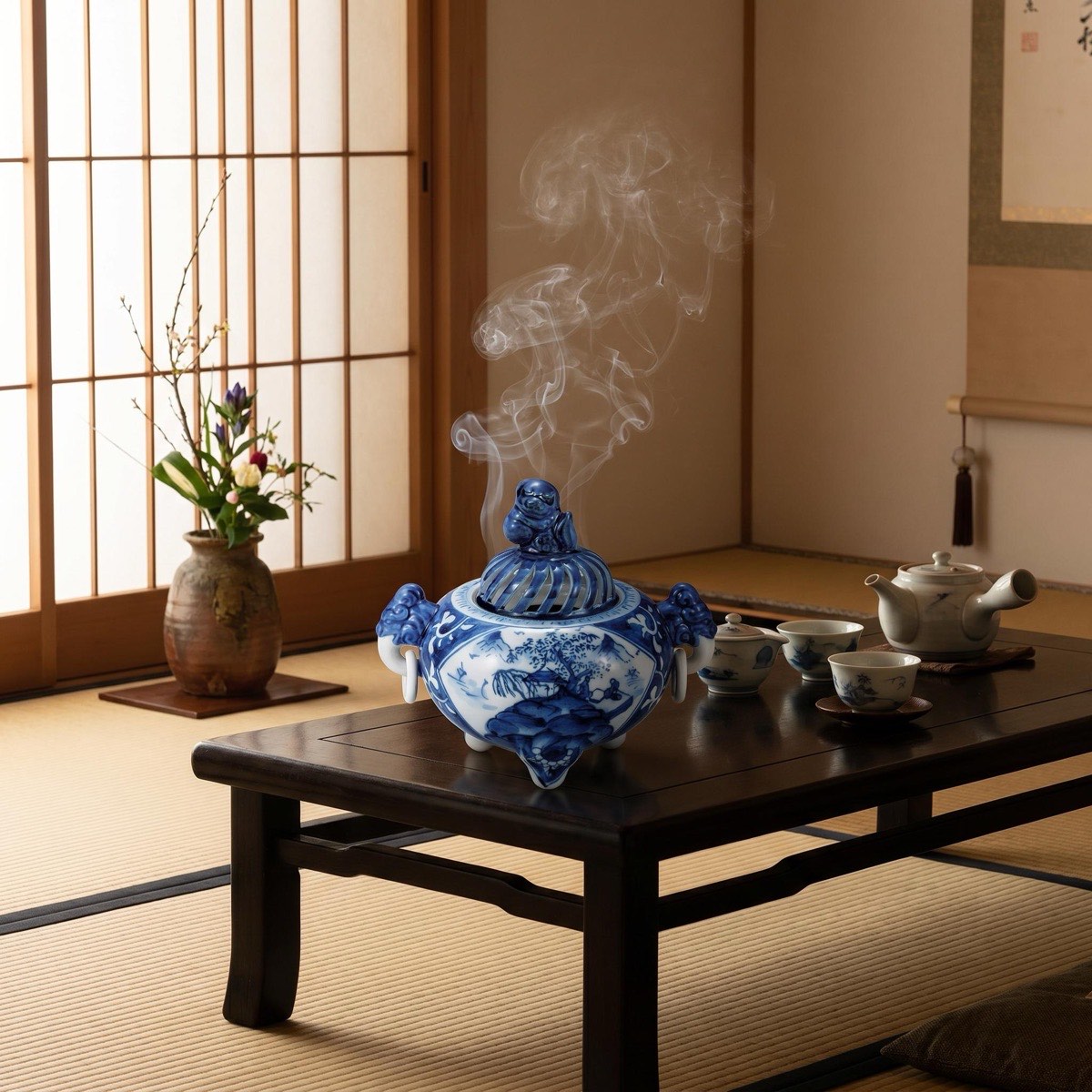 Japanese Incense Burner, Kutani Ware Blue Landscape Porcelain Koro, Zen Home Decor — view 10