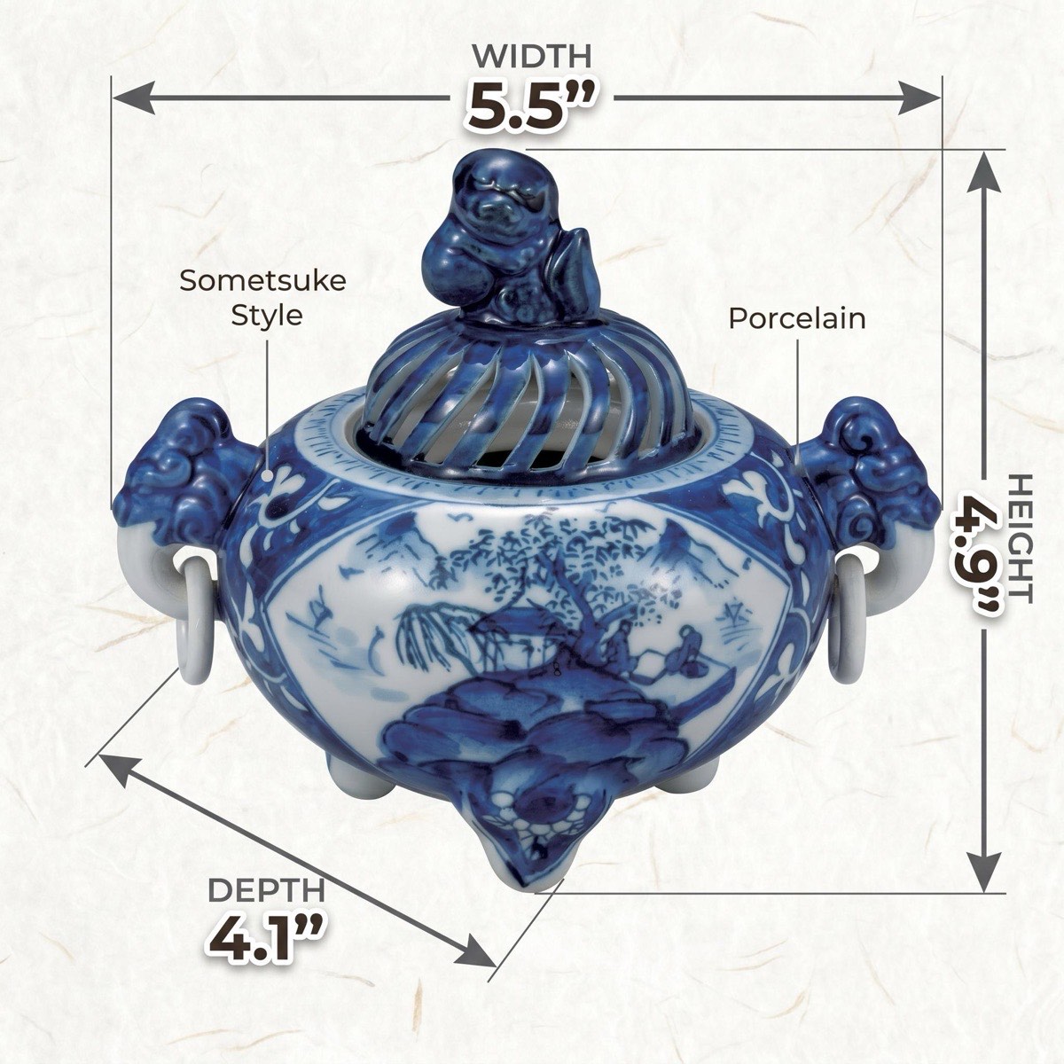 Japanese Incense Burner, Kutani Ware Blue Landscape Porcelain Koro, Zen Home Decor — view 3