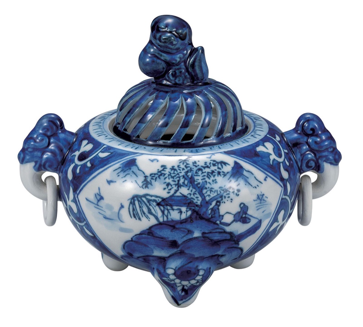 Japanese Incense Burner, Kutani Ware Blue Landscape Porcelain Koro, Zen Home Decor — view 8