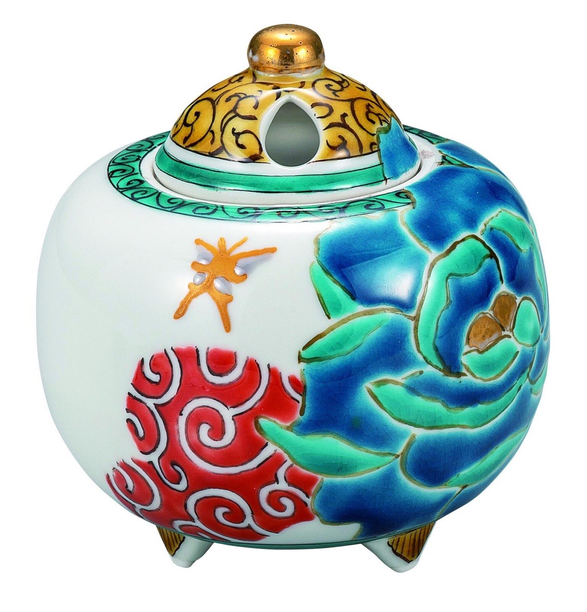 Japanese Incense Burner, Kutani Ware Blue Peony Porcelain Koro, Japanese Decor — view 4