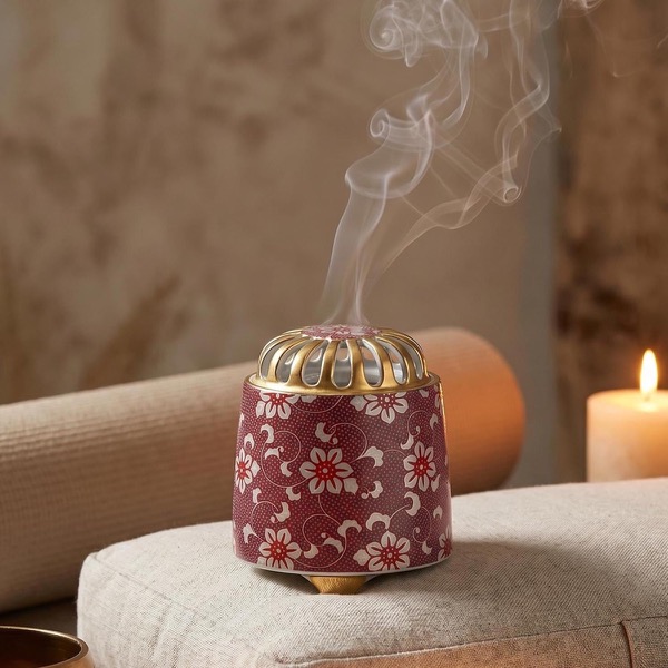Japanese Incense Burner, Kutani Ware Clematis Porcelain Koro, Incense Holder