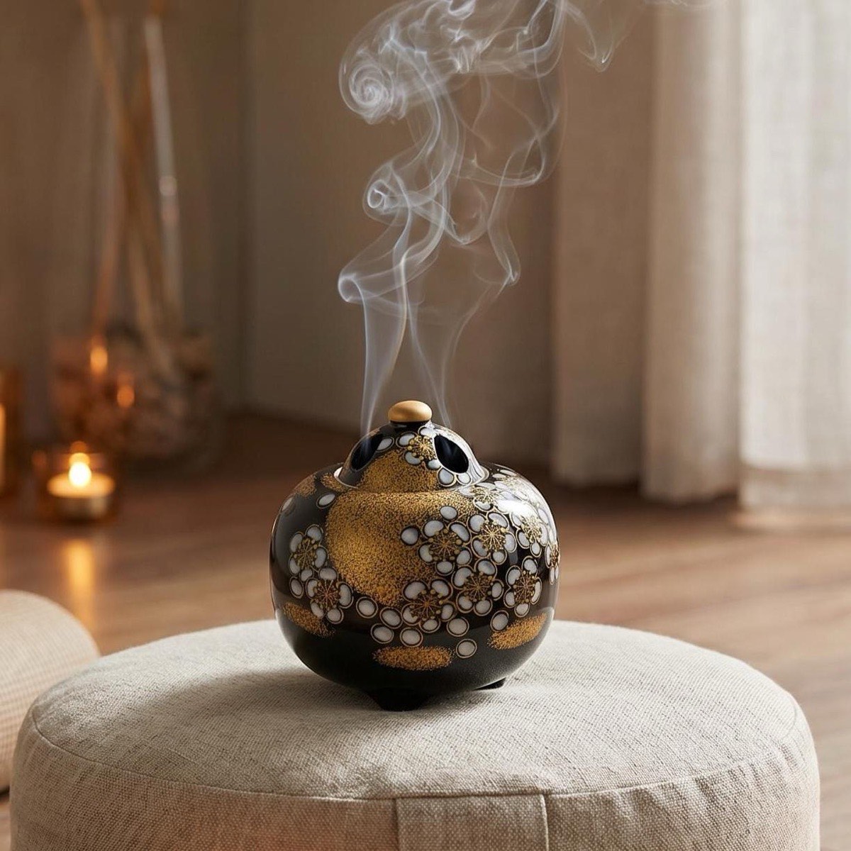 Japanese Incense Burner, Kutani Ware Gold Plum Moon Porcelain Koro, Tea Room Decor — view 1