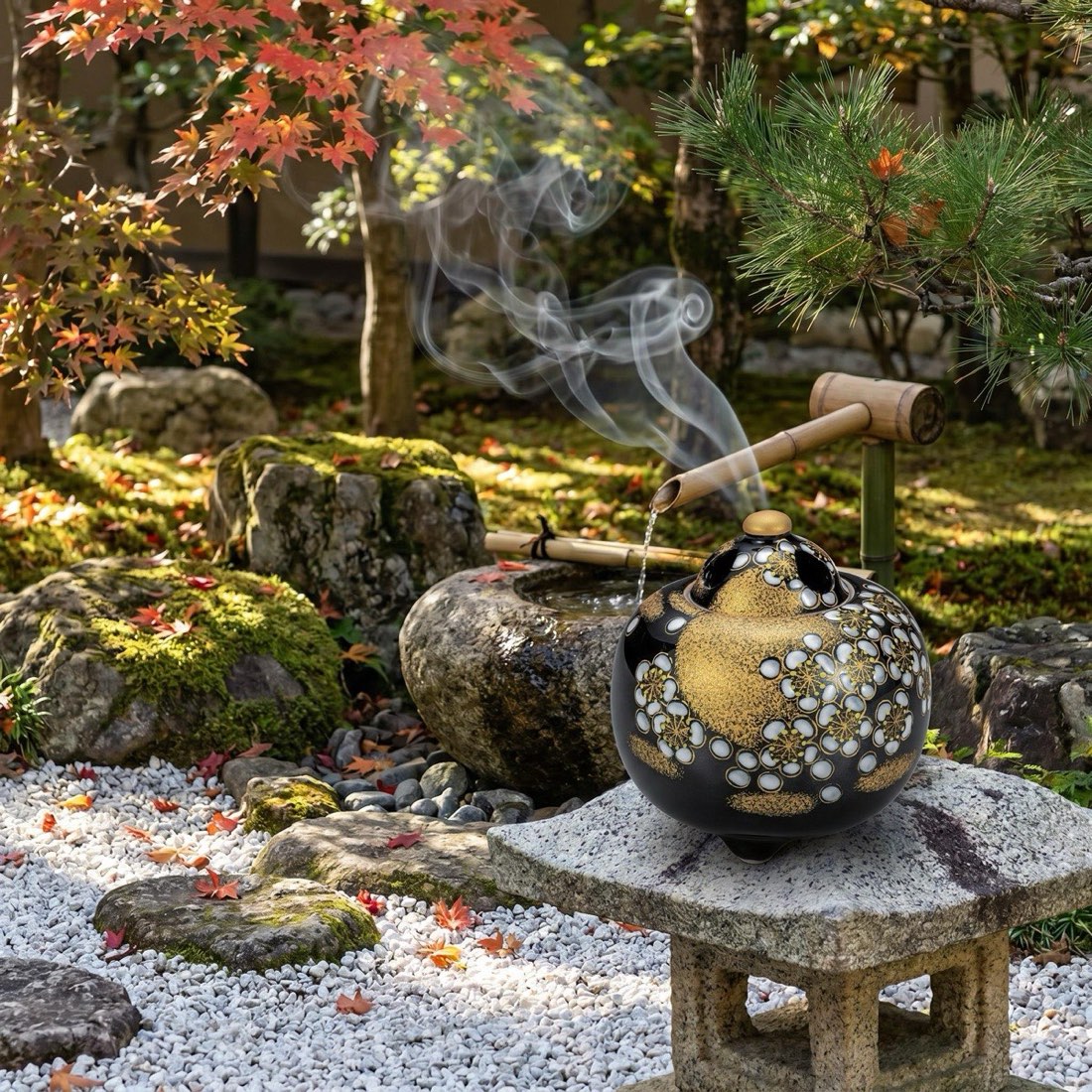 Japanese Incense Burner, Kutani Ware Gold Plum Moon Porcelain Koro, Tea Room Decor — view 10