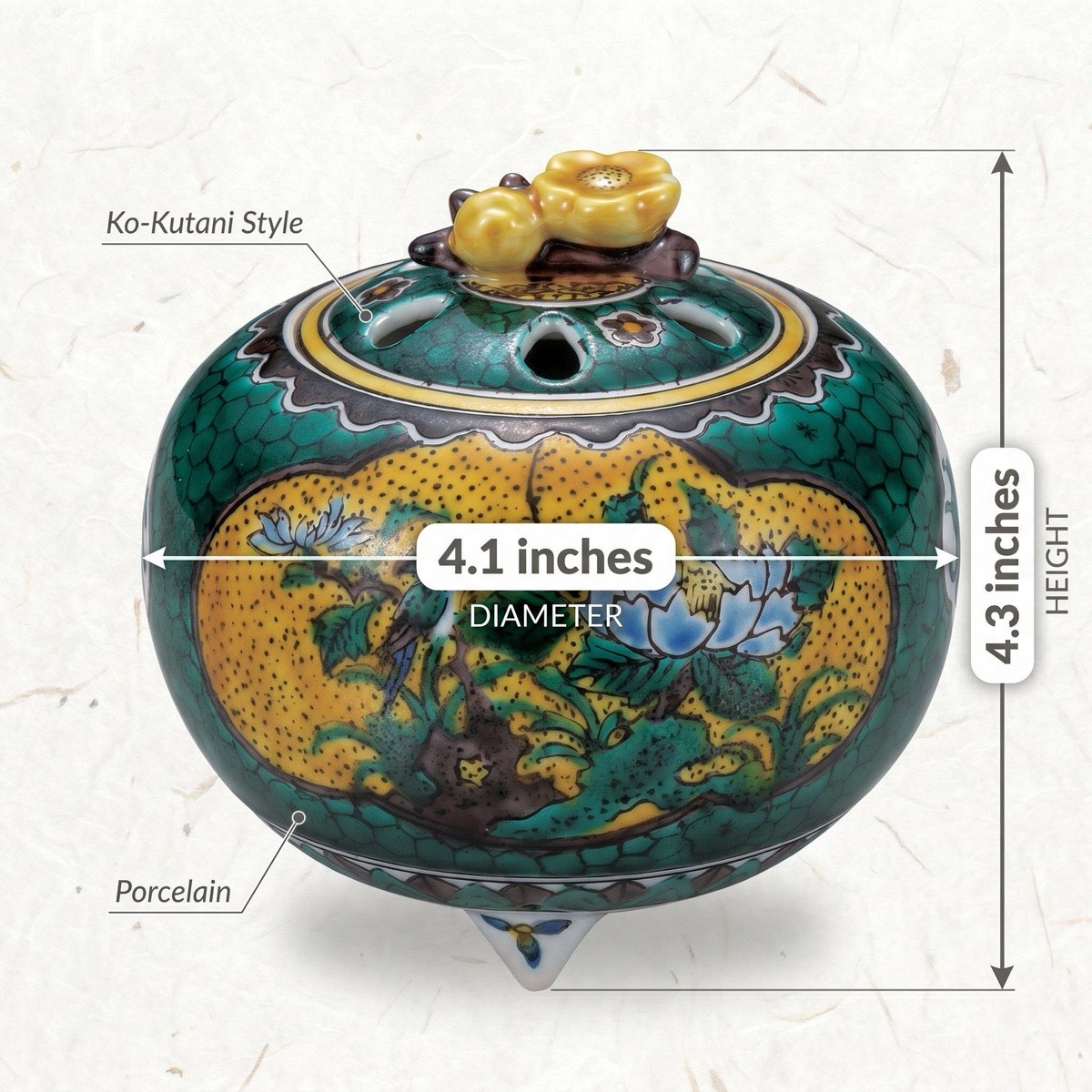 Japanese Incense Burner, Kutani Ware Ko-Kutani Flower Bird Koro, Tea Room Decor — view 3