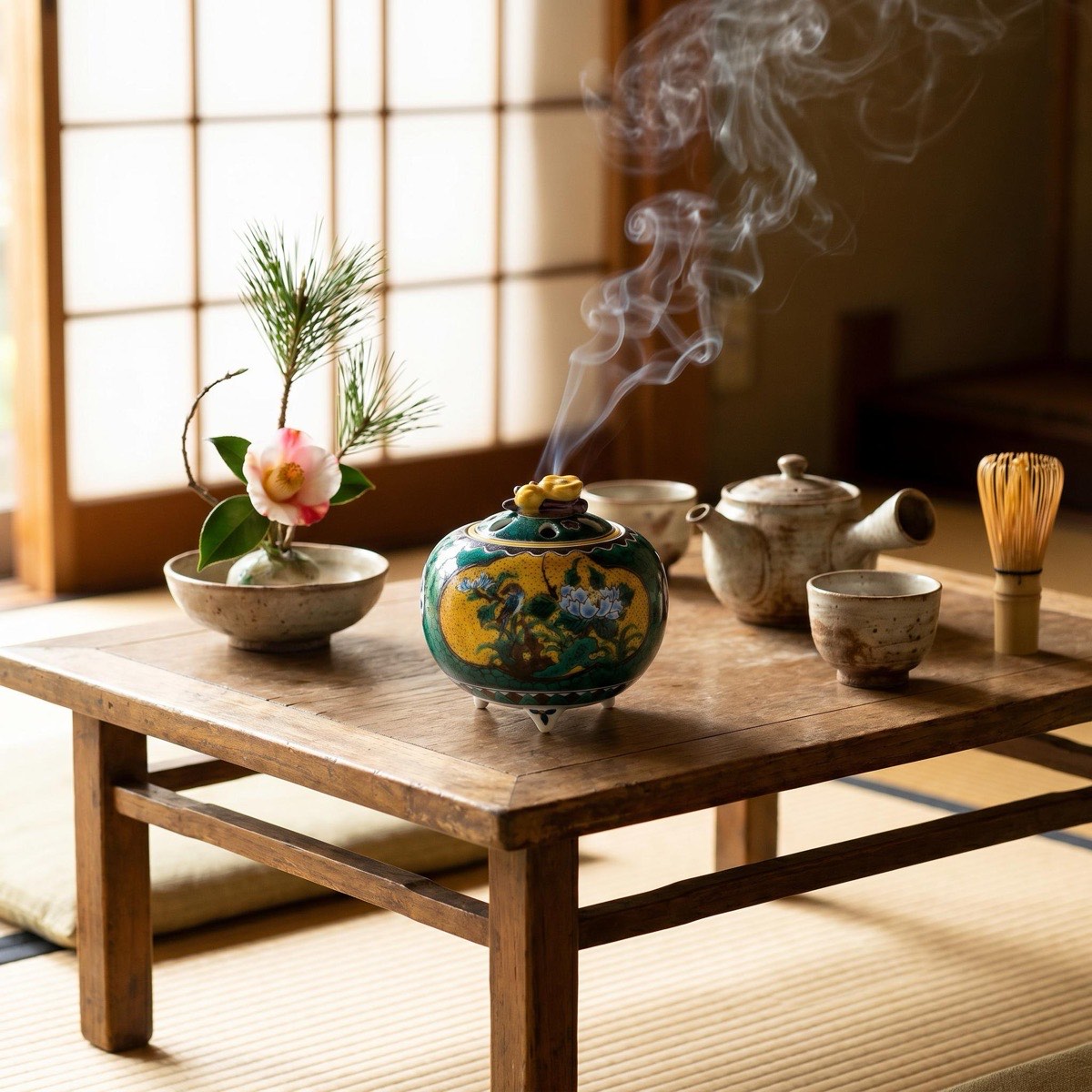 Japanese Incense Burner, Kutani Ware Ko-Kutani Flower Bird Koro, Tea Room Decor — view 8