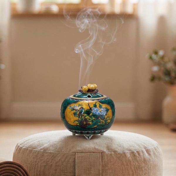 Japanese Incense Burner, Kutani Ware Ko-Kutani Flower Bird Koro, Tea Room Decor