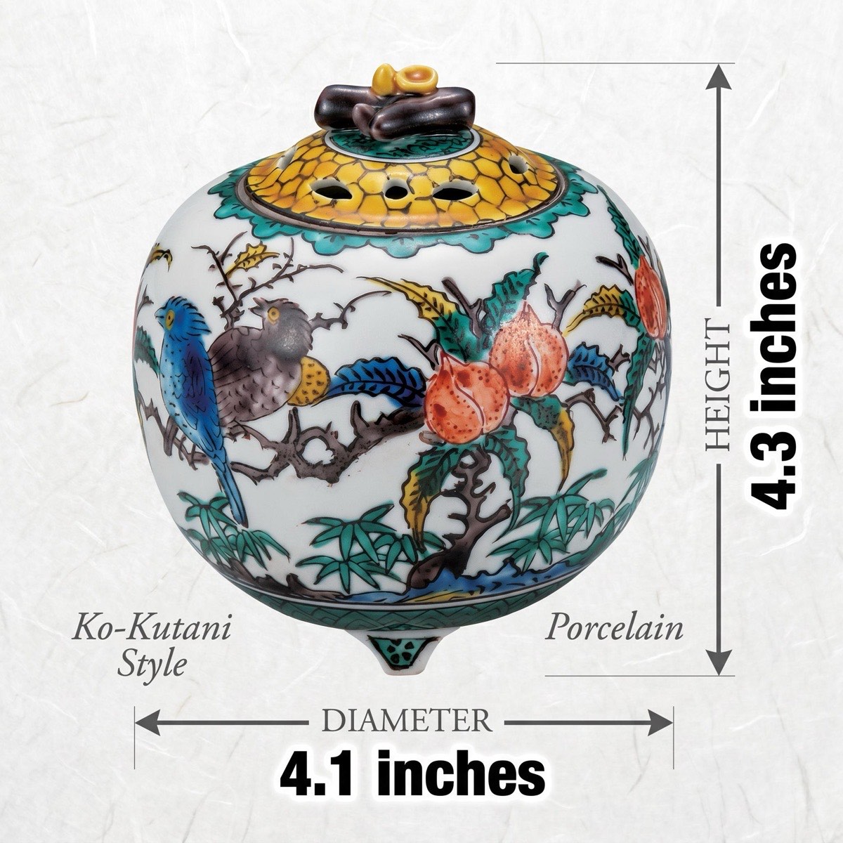Japanese Incense Burner, Kutani Ware Ko-Kutani Flower Bird Porcelain Koro, Incense Holder — view 3