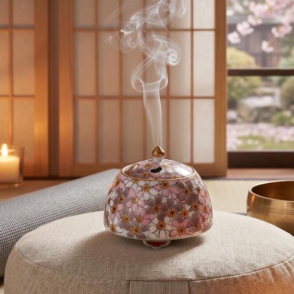Japanese Incense Burner, Kutani Ware Sakura Porcelain Koro, Incense Holder, Made in Japan