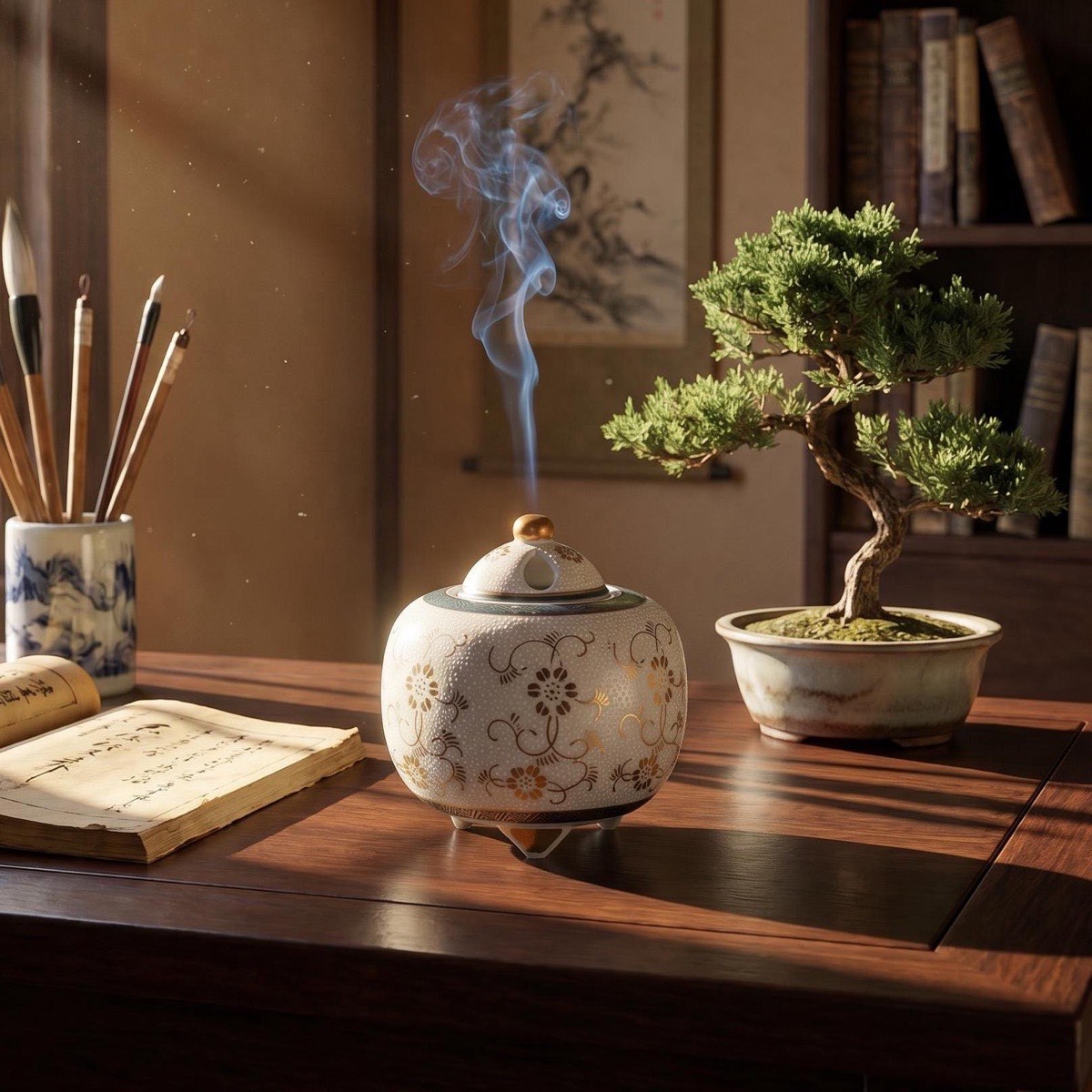 Japanese Incense Burner, Kutani Ware White Dot Clematis Koro, Tea Room Decor — view 1