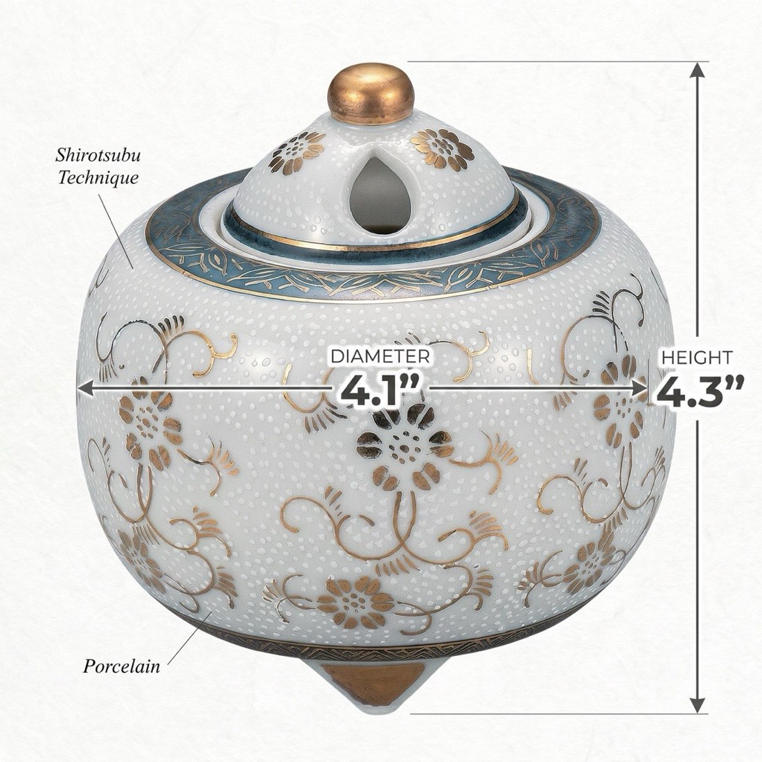 Japanese Incense Burner, Kutani Ware White Dot Clematis Koro, Tea Room Decor — view 3