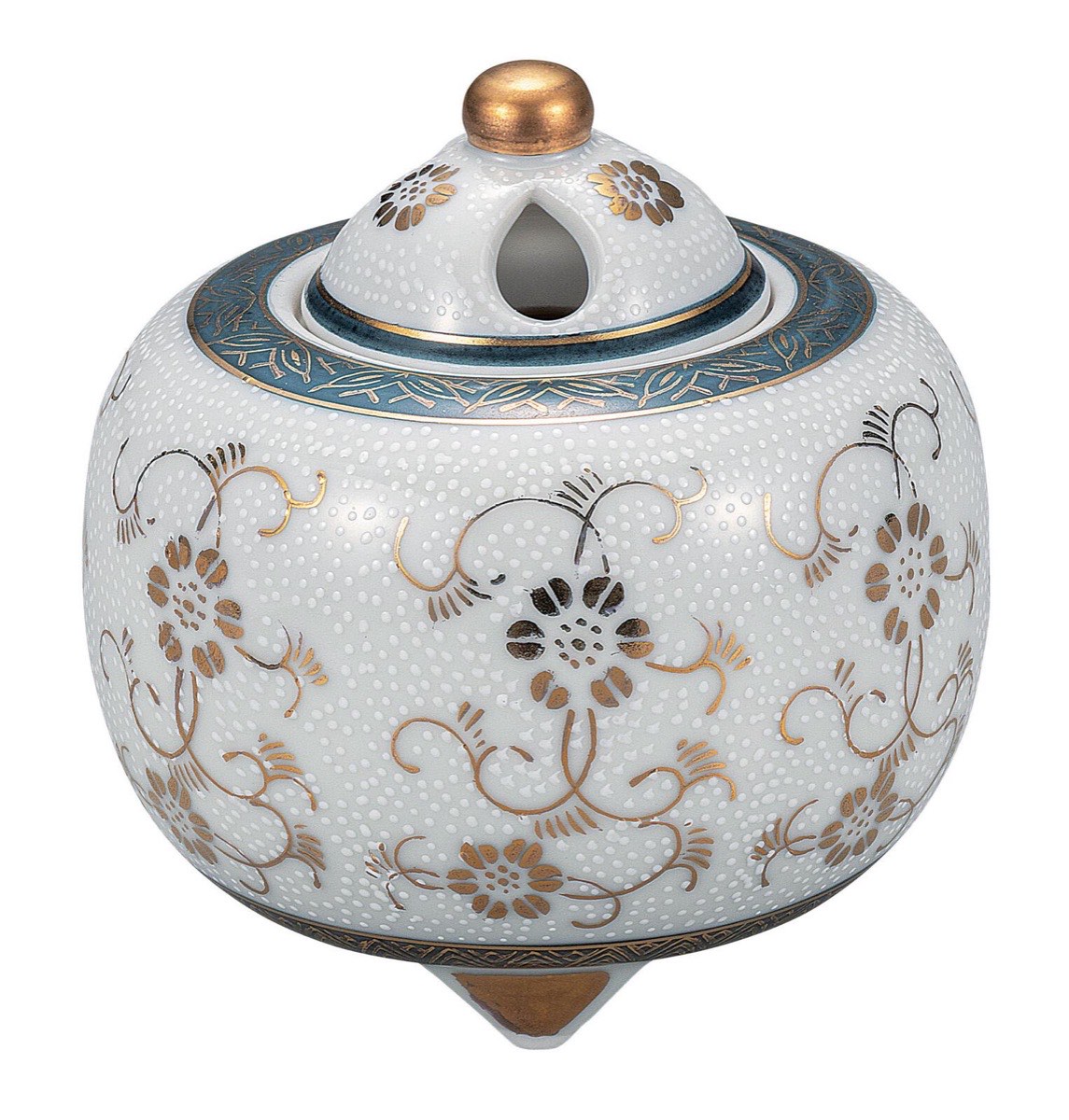Japanese Incense Burner, Kutani Ware White Dot Clematis Koro, Tea Room Decor — view 7