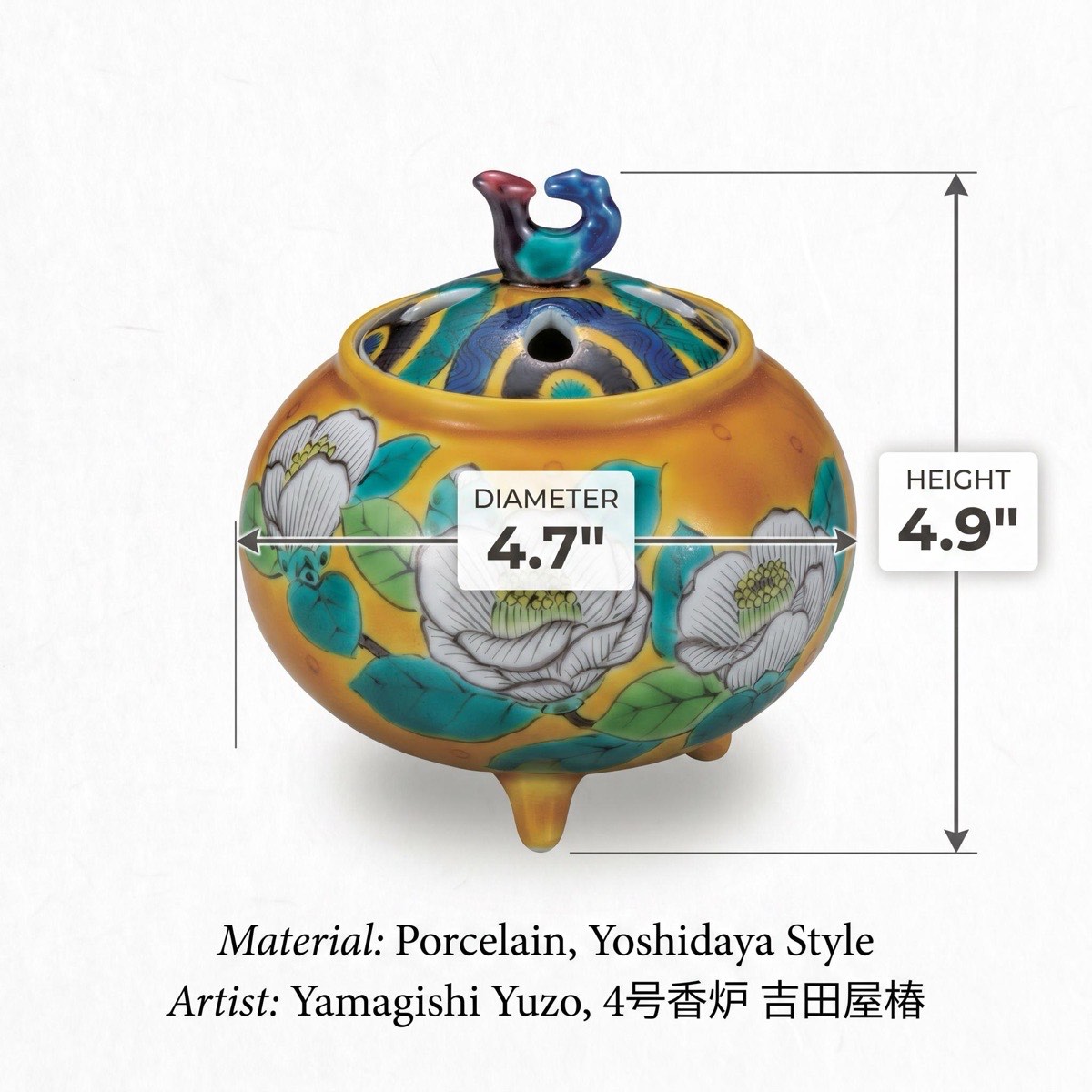 Japanese Incense Burner, Kutani Ware Yoshidaya Camellia Porcelain Koro — view 3