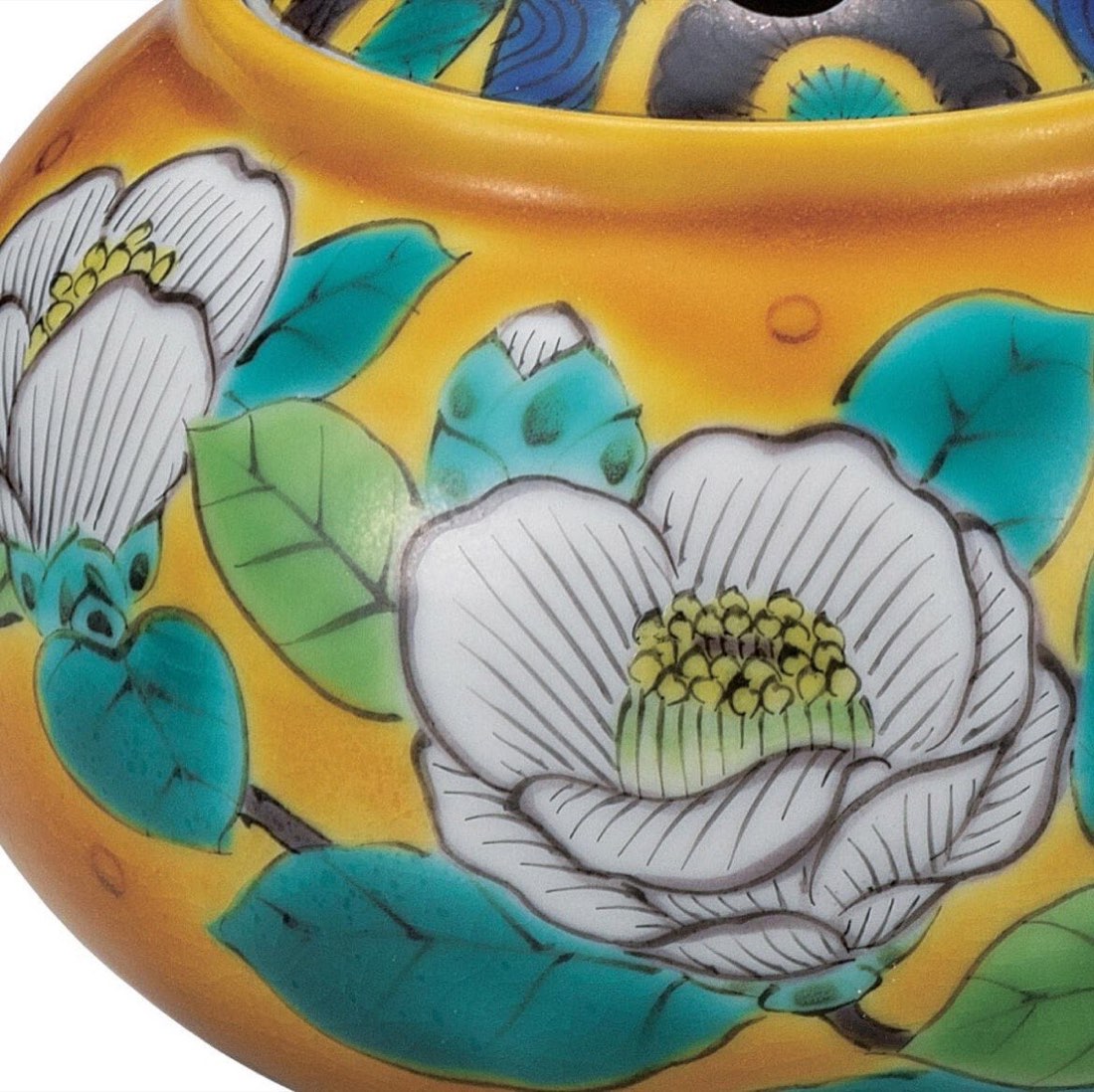 Japanese Incense Burner, Kutani Ware Yoshidaya Camellia Porcelain Koro — view 5
