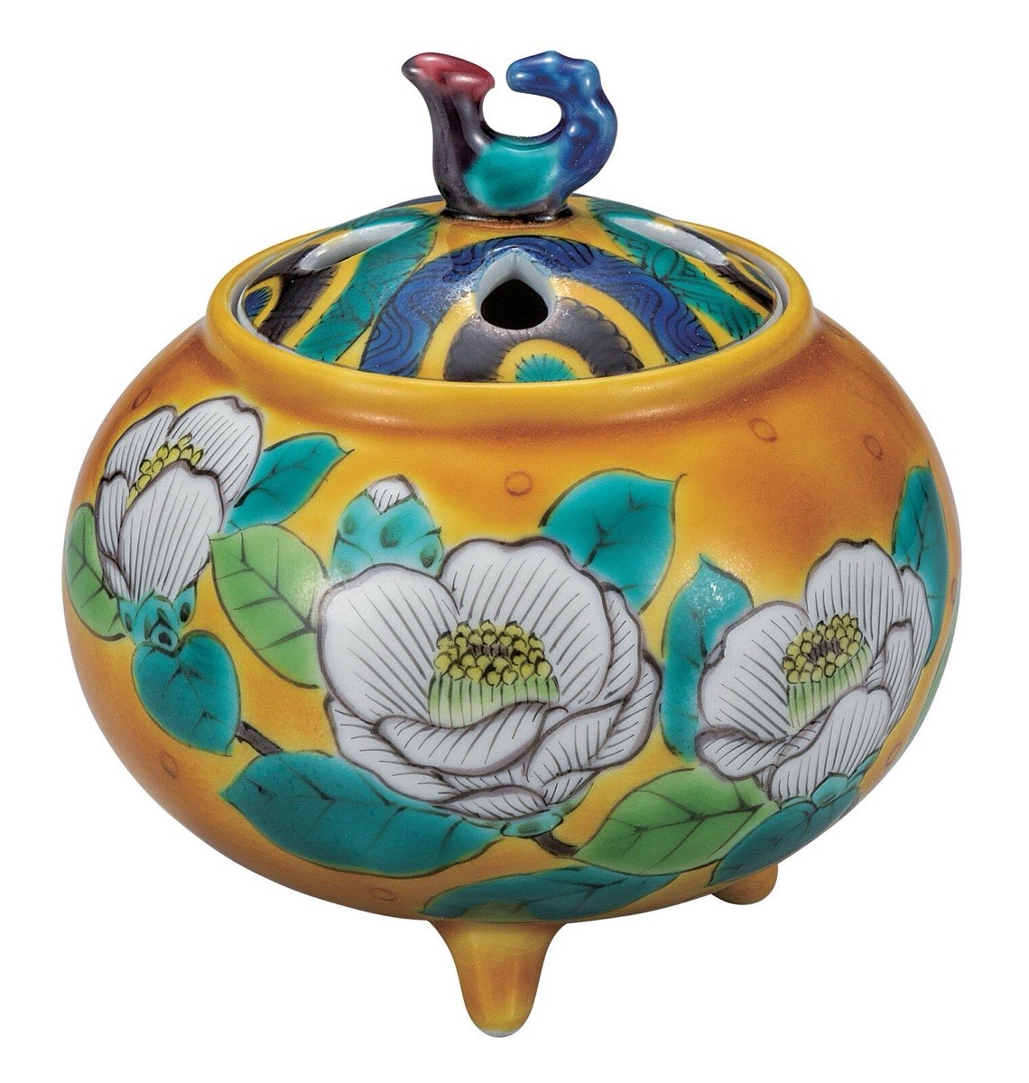 Japanese Incense Burner, Kutani Ware Yoshidaya Camellia Porcelain Koro — view 7