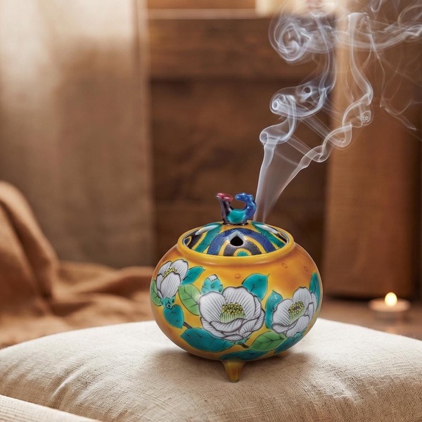 Japanese Incense Burner, Kutani Ware Yoshidaya Camellia Porcelain Koro