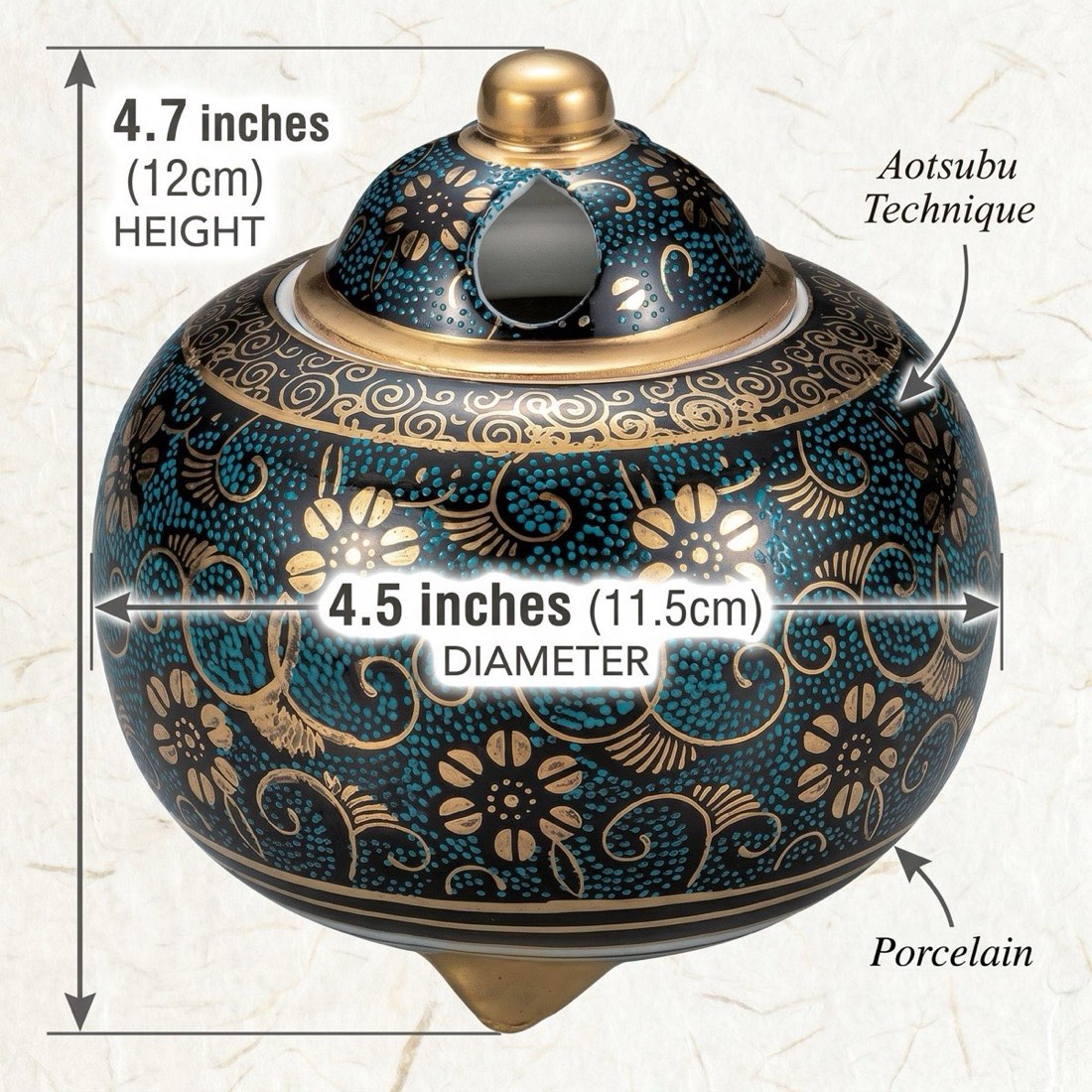 Japanese Incense Burner, Large Kutani Ware Blue Dot Clematis Porcelain Koro — view 3