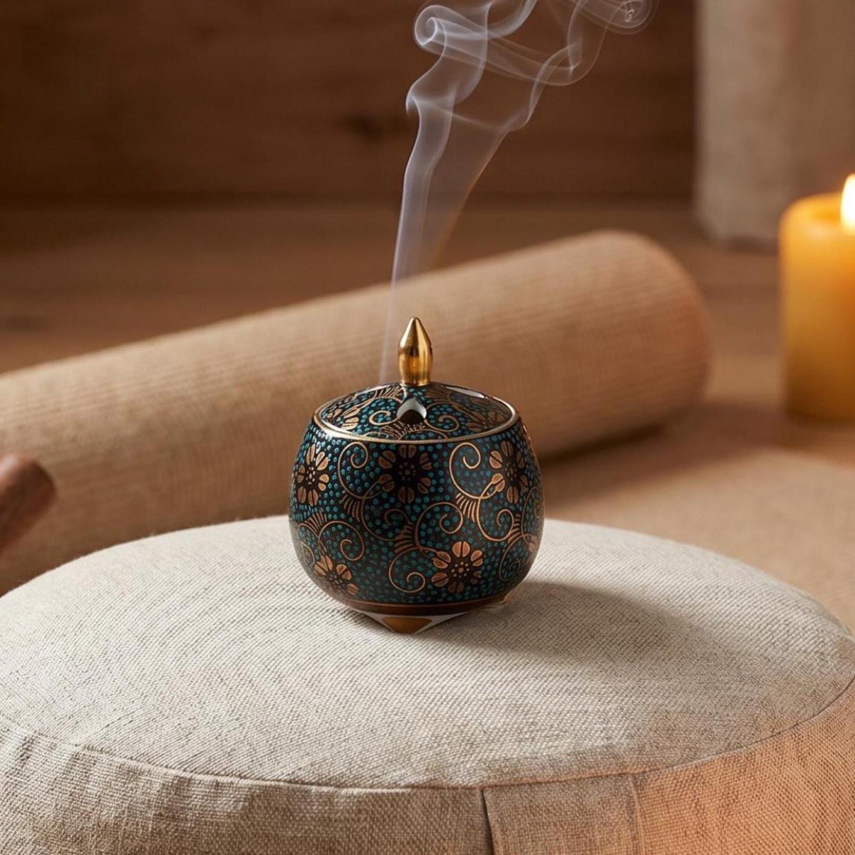Japanese Incense Burner, Mini Kutani Ware Blue Dot Clematis Porcelain Koro — view 1