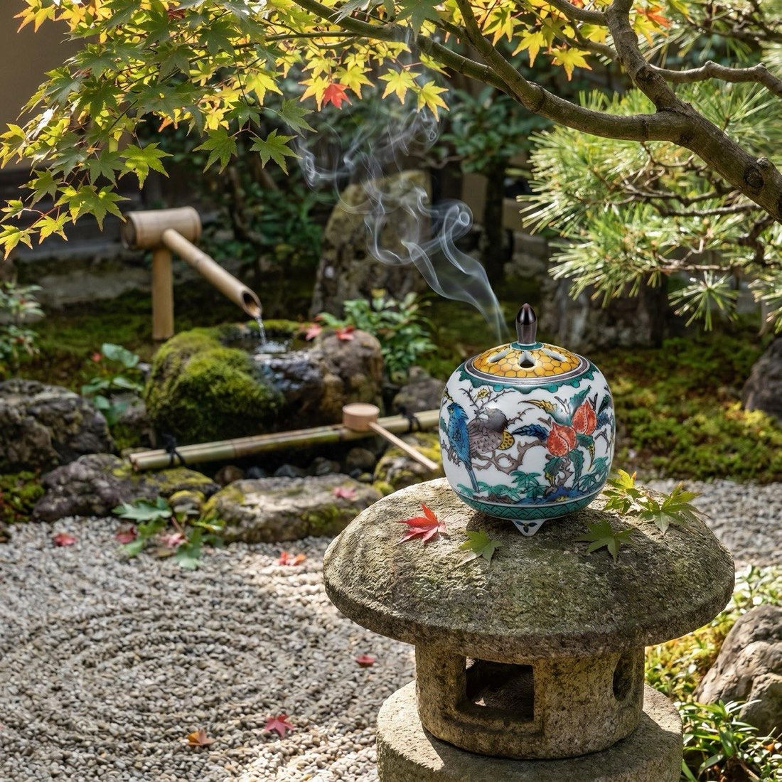 Japanese Incense Burner, Small Kutani Ware Ko-Kutani Flower Bird Porcelain Koro — view 10