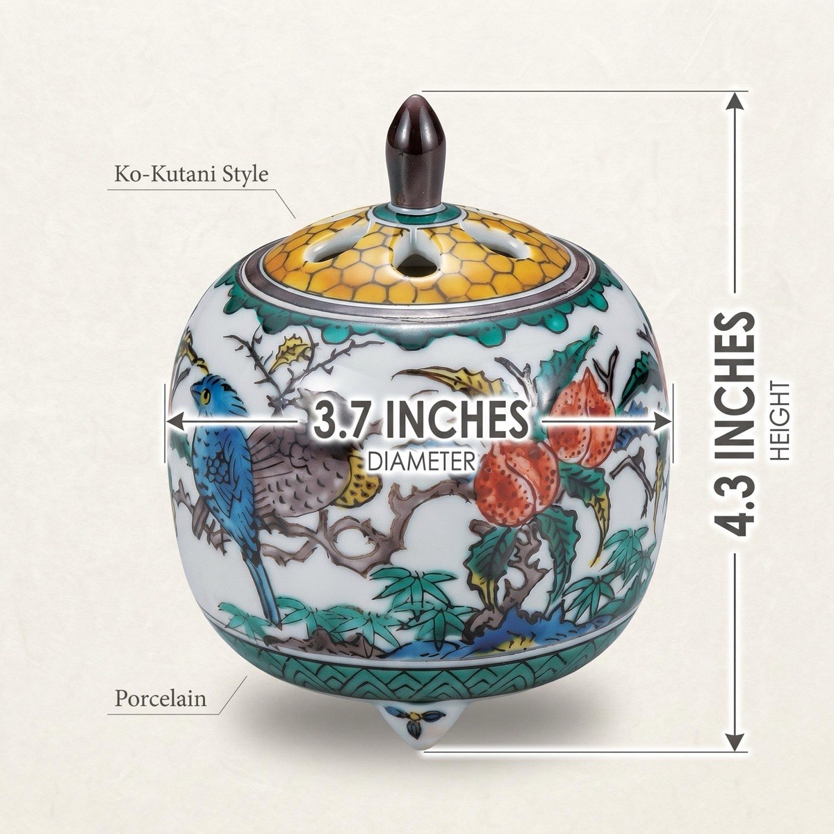 Japanese Incense Burner, Small Kutani Ware Ko-Kutani Flower Bird Porcelain Koro — view 3