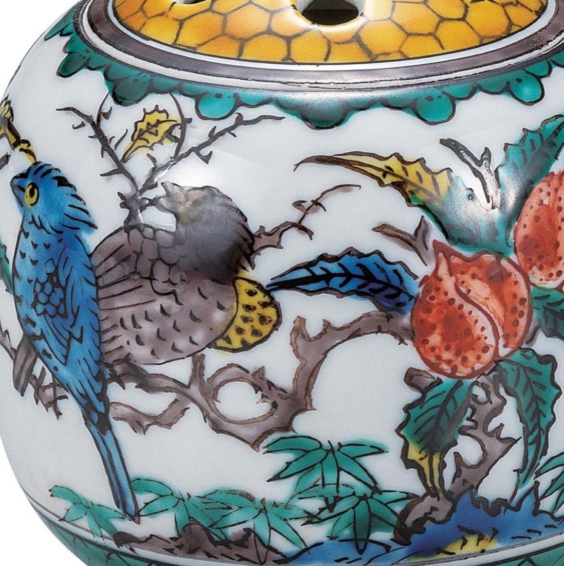 Japanese Incense Burner, Small Kutani Ware Ko-Kutani Flower Bird Porcelain Koro — view 5