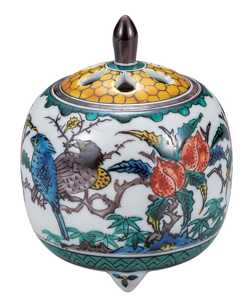 Japanese Incense Burner, Small Kutani Ware Ko-Kutani Flower Bird Porcelain Koro — view 7