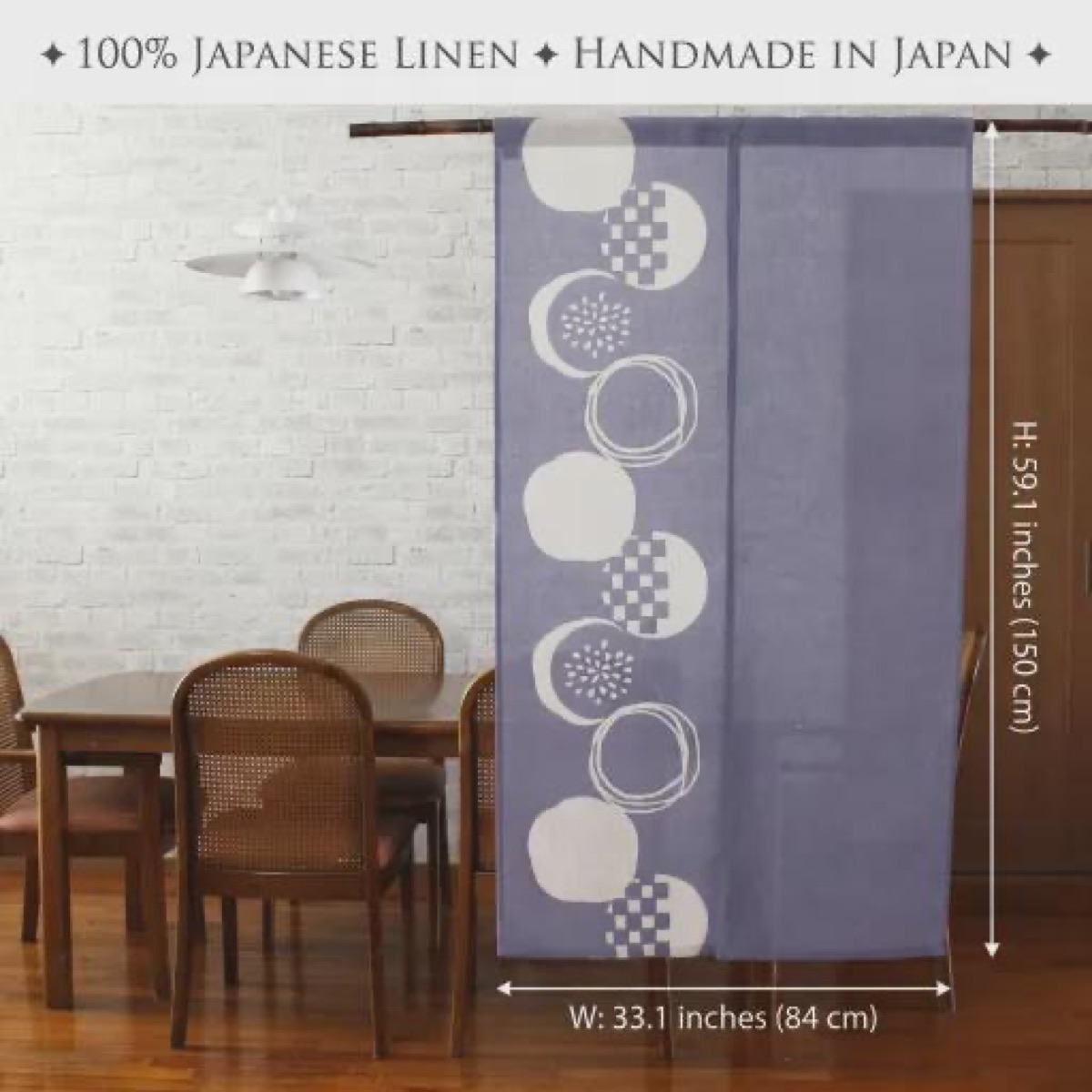Japanese Linen Noren Curtain, Blue Wisteria Summer Pattern, Made in Japan — view 4