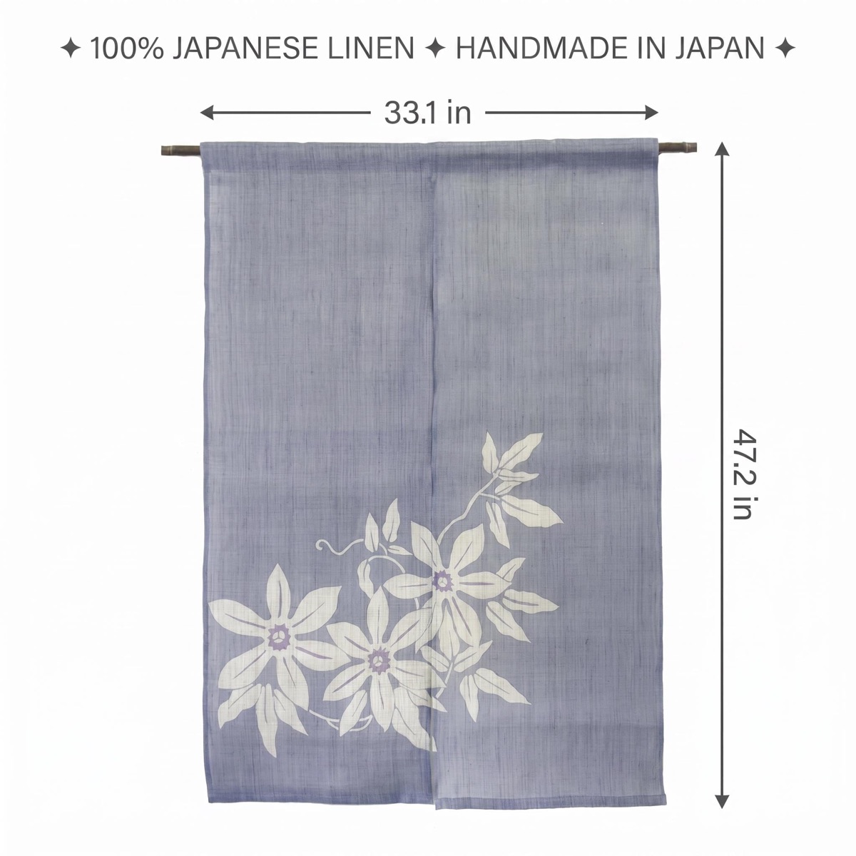 Japanese Linen Noren Curtain, Clematis Wisteria Motif, Hand-Dyed Blue, 33.1 x 47.2 in — view 4
