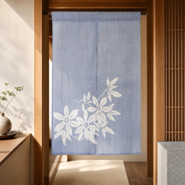 Japanese Linen Noren Curtain, Clematis Wisteria Motif, Hand-Dyed Blue, 33.1 x 47.2 in