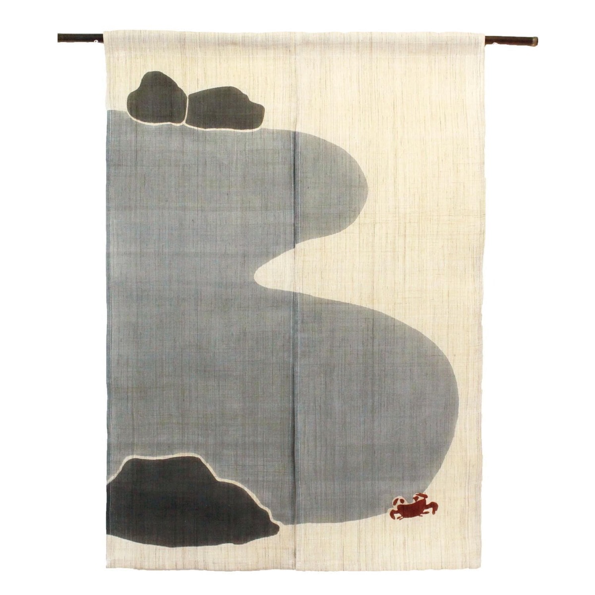 Japanese Linen Noren Curtain, Crab Motif, Indigo-Gray Dye, Handwoven Textile (33.1 x 47.2 in) — view 1