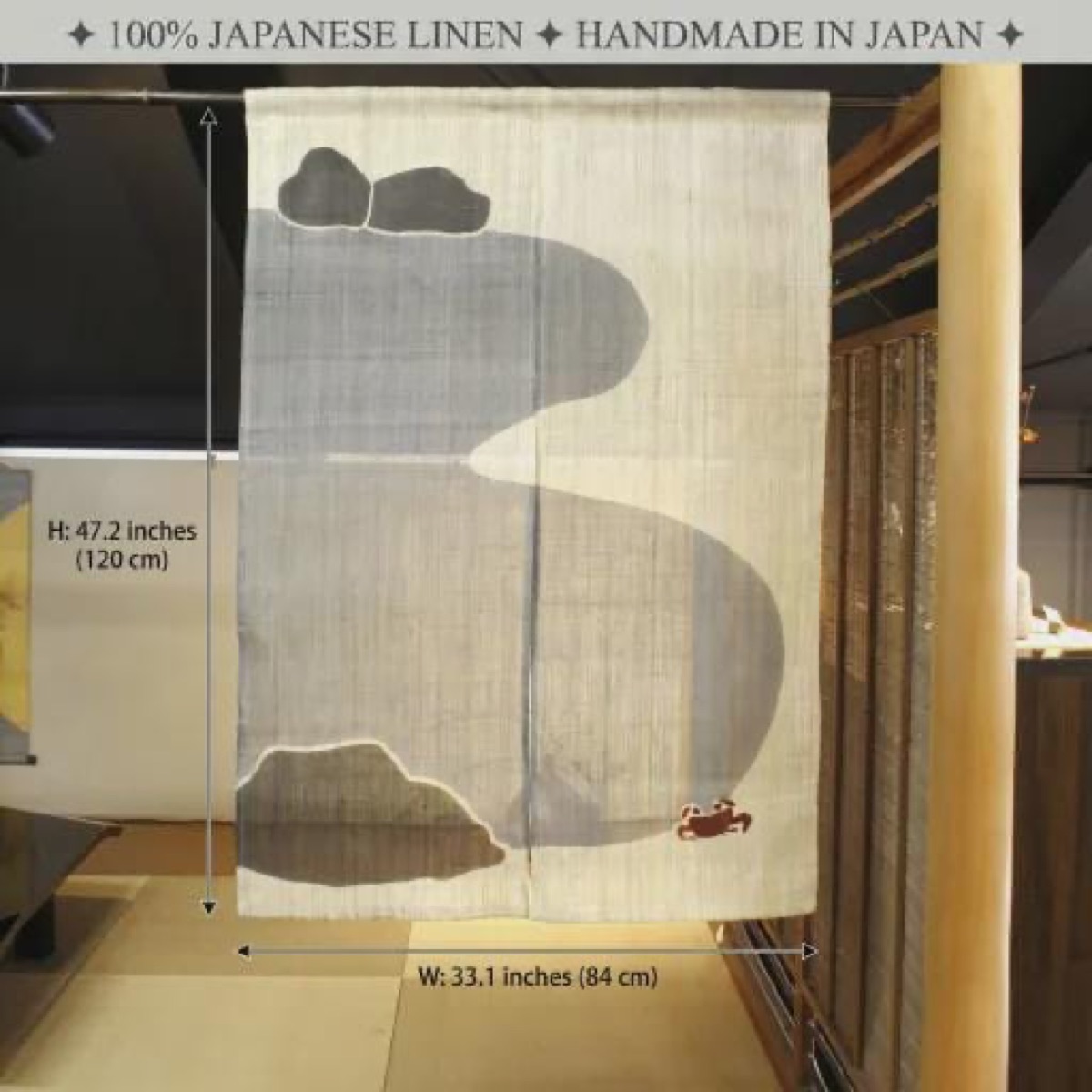 Japanese Linen Noren Curtain, Crab Motif, Indigo-Gray Dye, Handwoven Textile (33.1 x 47.2 in) — view 2