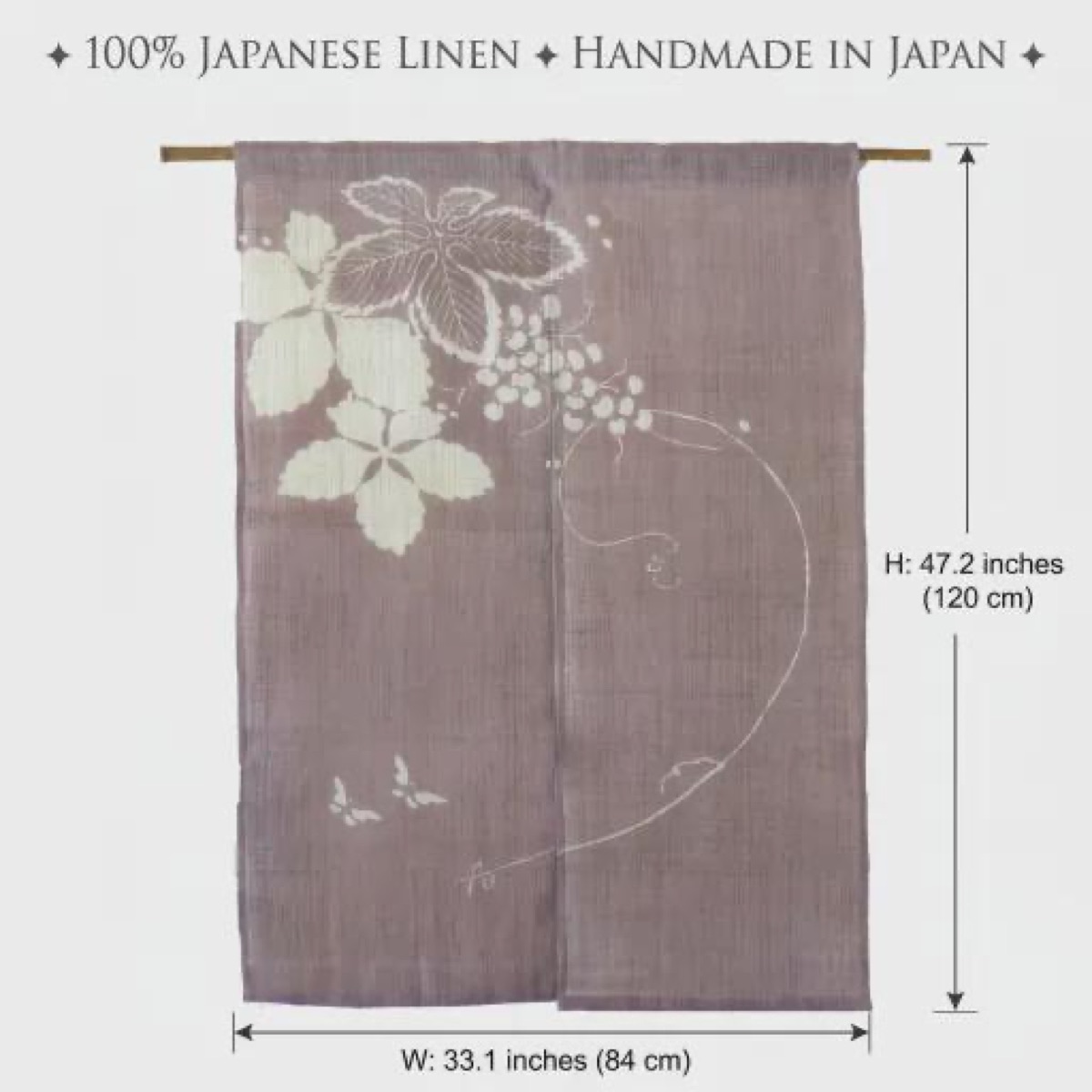 Japanese Linen Noren Curtain, Grape Butterfly Motif, Shiso Gray, 33.1 x 47.2 in — view 3