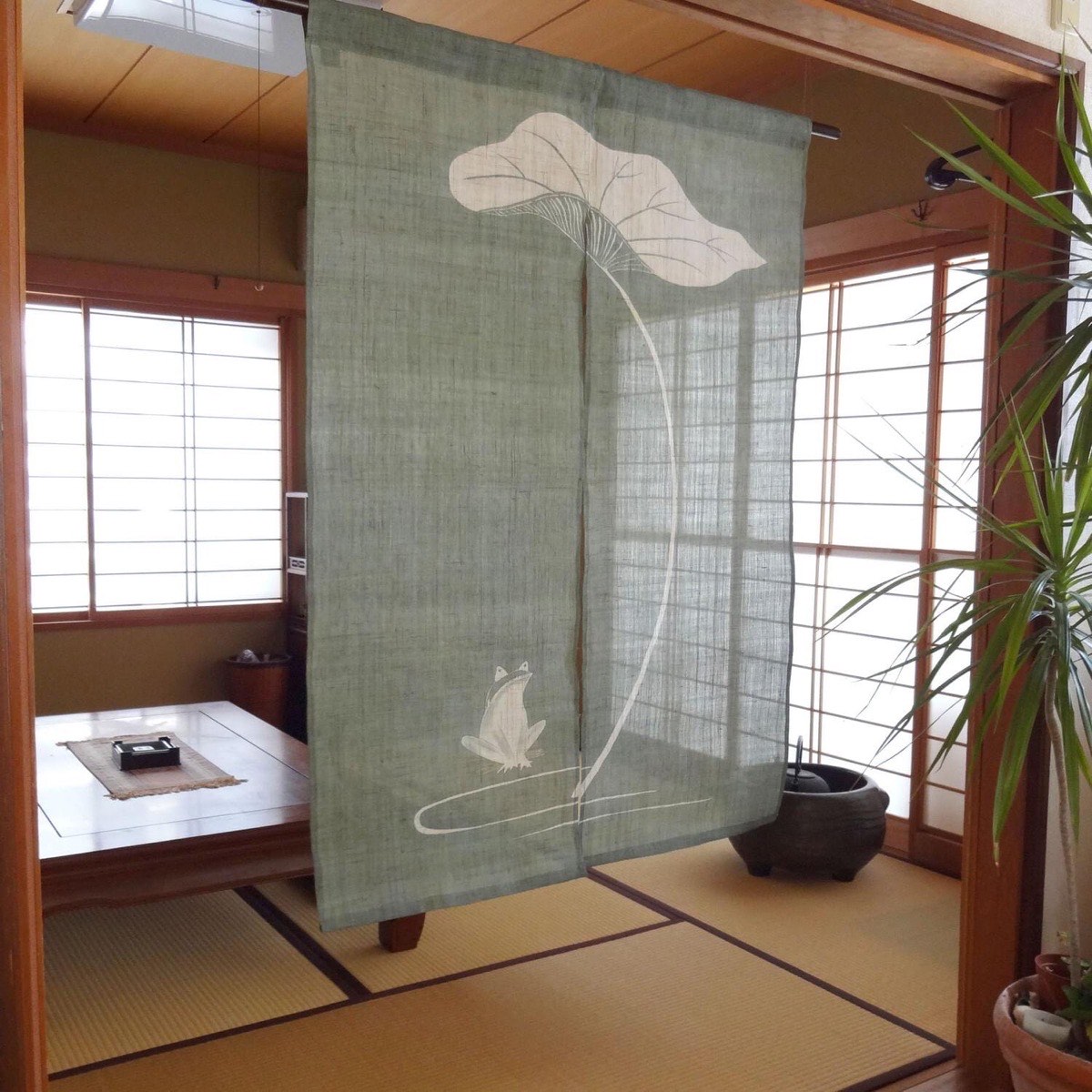 Japanese Linen Noren Curtain, Hand-Dyed Frog Motif, Gray Green, 33.1 x 47.2 in — view 2
