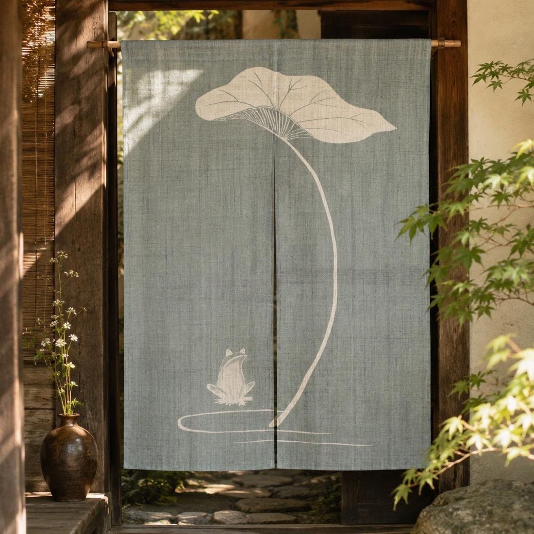 Japanese Linen Noren Curtain, Hand-Dyed Frog Motif, Gray Green, 33.1 x 47.2 in — view 8