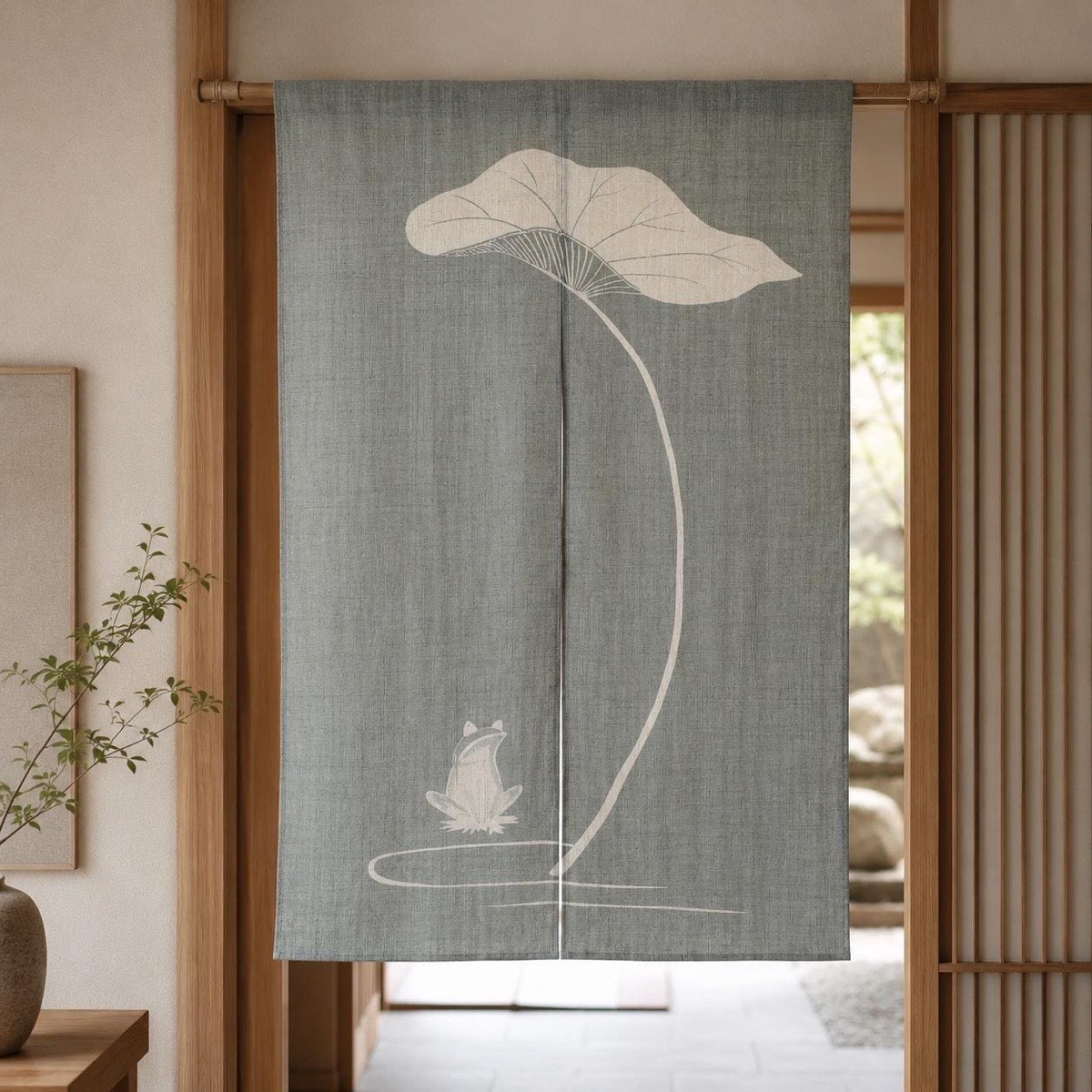 Japanese Linen Noren Curtain, Hand-Dyed Frog Motif, Gray Green, 33.1 x 47.2 in — view 9