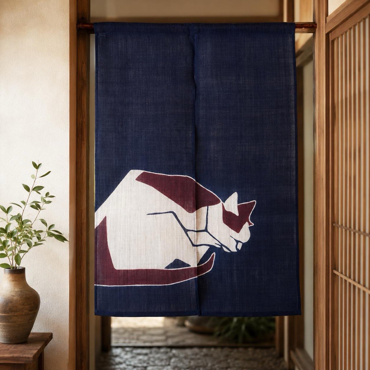 Japanese Linen Noren Curtain, Indigo Cat Motif, Taisho-era Design, 33.1 x 47.2 in — view 10
