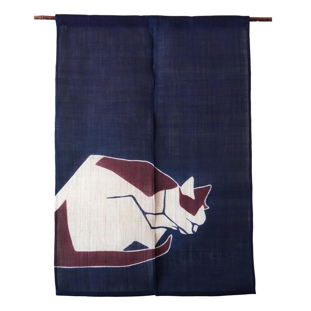 Japanese Linen Noren Curtain, Indigo Cat Motif, Taisho-era Design, 33.1 x 47.2 in — view 2