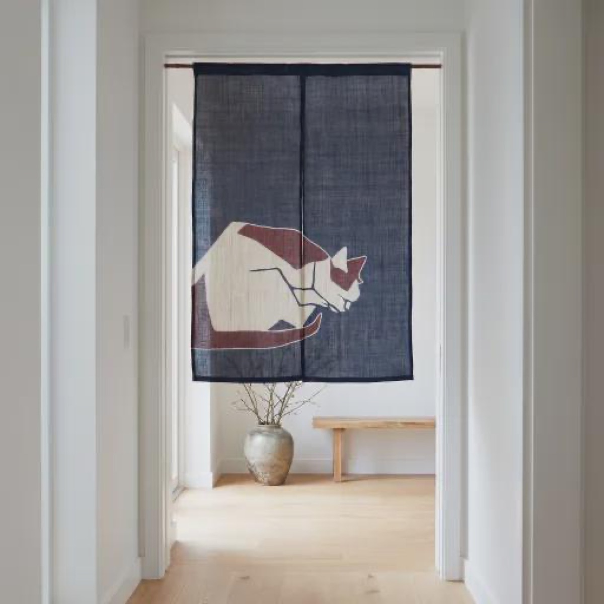 Japanese Linen Noren Curtain, Indigo Cat Motif, Taisho-era Design, 33.1 x 47.2 in — view 9