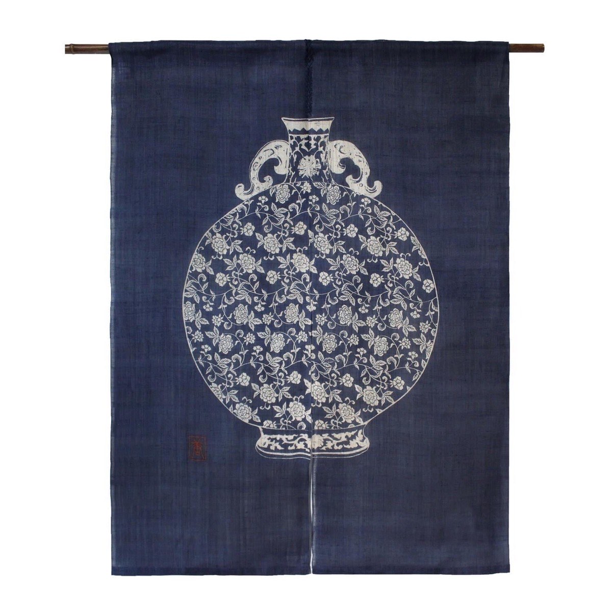 Japanese Linen Noren Curtain, Indigo Jar Motif, Hand-Dyed Textile Divider — view 1
