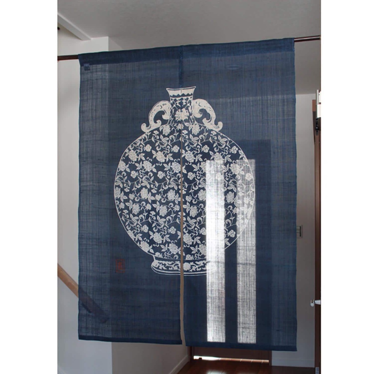 Japanese Linen Noren Curtain, Indigo Jar Motif, Hand-Dyed Textile Divider — view 2